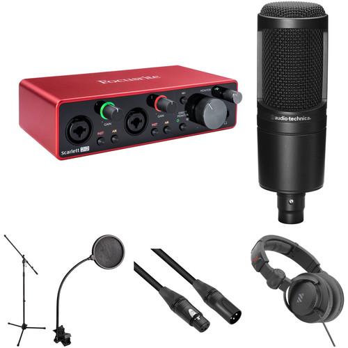 Kit de podcasting para una persona Focusrite Scarlett con interfaz USB 2i2 Gen 3, micrófono Audio-Technica y accesorios de grabación