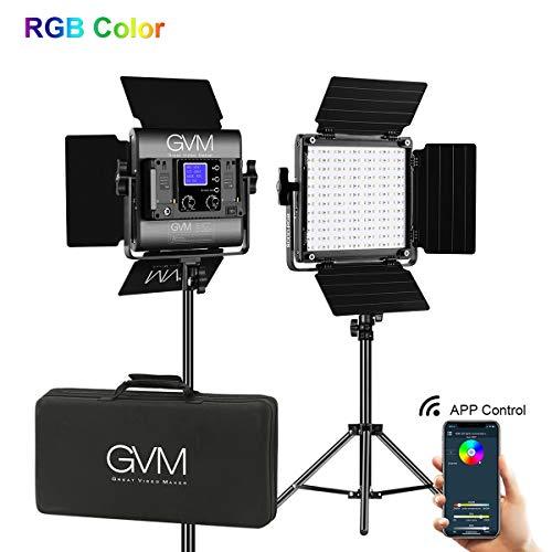 GVM Led Video Light 2 Kit with App Phone Control; 40W Adjustable 7 Colors+ Bi-Colors, CRI97 + / Brightness 0% -100%, Stand + Barndoor + LCD Screen;800D-RGB Lighting for Youtube, Studio